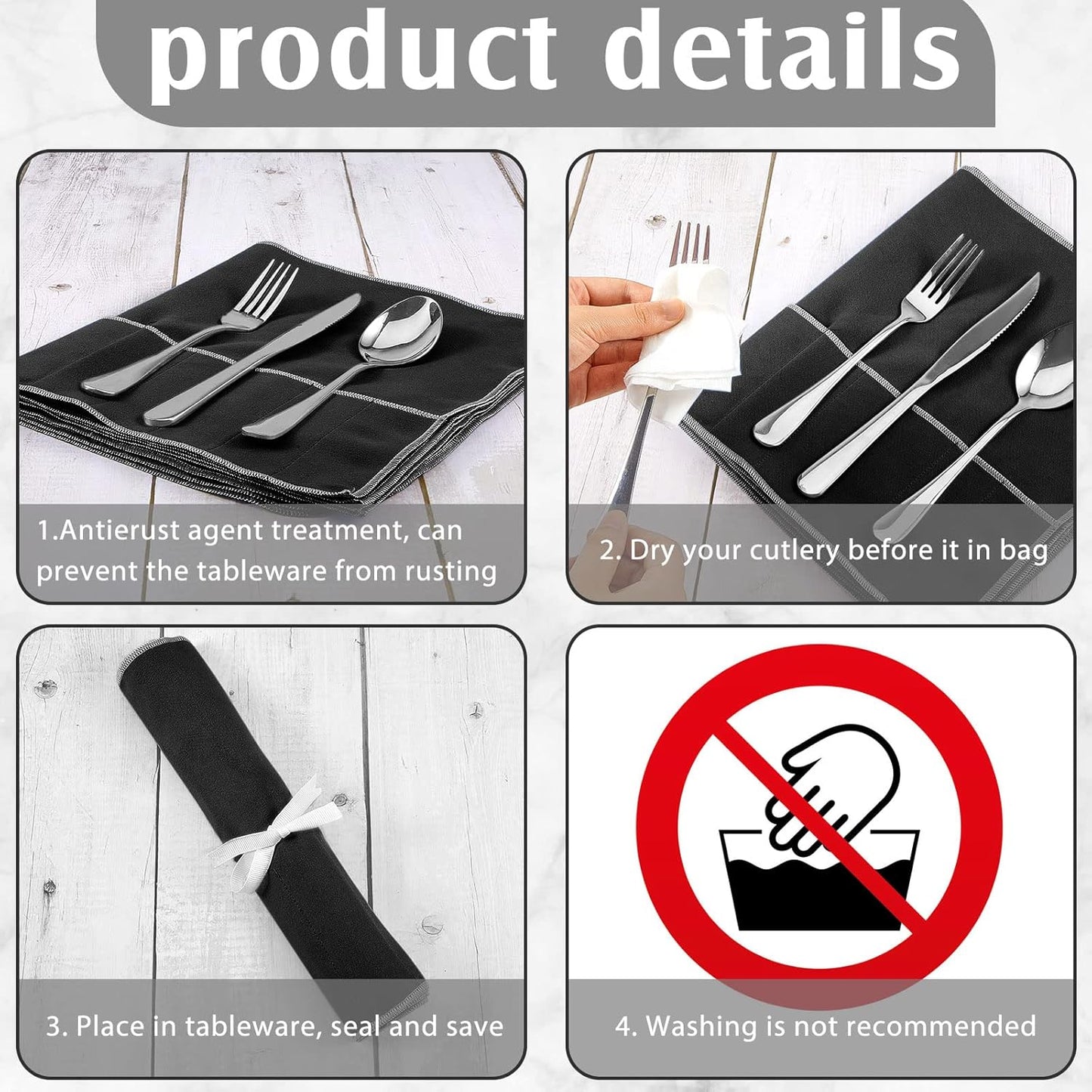 6 Pcs Anti Tarnish Silver Storage Bags Silver Storage Cloth Felt Flatware Organizer Anti Tarnish Protector Bags Place Setting Roll with White Ribbon for Kitchen Cutlery (12 Slots,Black)