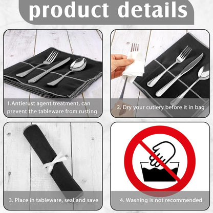 6 Pcs Anti Tarnish Silver Storage Bags Silver Storage Cloth Felt Flatware Organizer Anti Tarnish Protector Bags Place Setting Roll with White Ribbon for Kitchen Cutlery (12 Slots,Black)