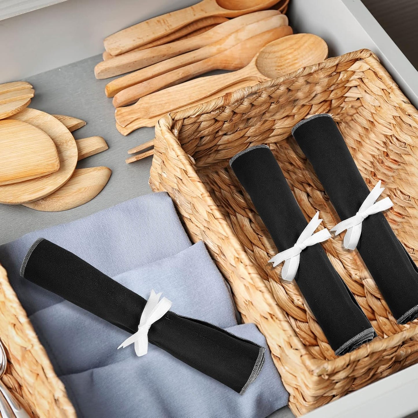6 Pcs Anti Tarnish Silver Storage Bags Silver Storage Cloth Felt Flatware Organizer Anti Tarnish Protector Bags Place Setting Roll with White Ribbon for Kitchen Cutlery (12 Slots,Black)