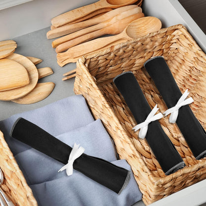 6 Pcs Anti Tarnish Silver Storage Bags Silver Storage Cloth Felt Flatware Organizer Anti Tarnish Protector Bags Place Setting Roll with White Ribbon for Kitchen Cutlery (12 Slots,Black)