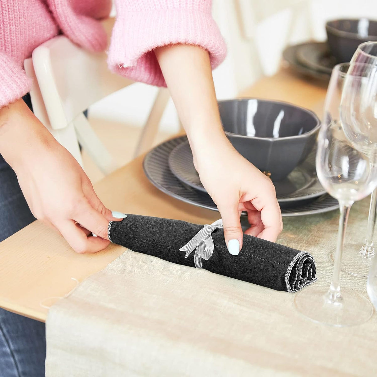 6 Pcs Anti Tarnish Silver Storage Bags Silver Storage Cloth Felt Flatware Organizer Anti Tarnish Protector Bags Place Setting Roll with White Ribbon for Kitchen Cutlery (12 Slots,Black)