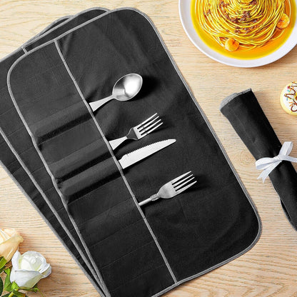 6 Pcs Anti Tarnish Silver Storage Bags Silver Storage Cloth Felt Flatware Organizer Anti Tarnish Protector Bags Place Setting Roll with White Ribbon for Kitchen Cutlery (12 Slots,Black)