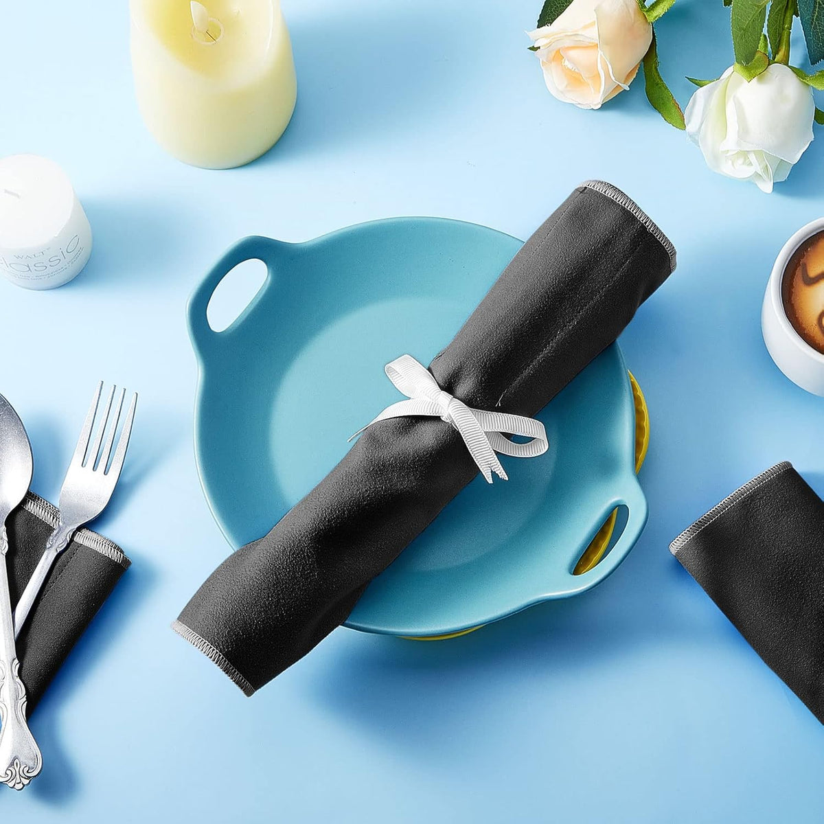 6 Pcs Anti Tarnish Silver Storage Bags Silver Storage Cloth Felt Flatware Organizer Anti Tarnish Protector Bags Place Setting Roll with White Ribbon for Kitchen Cutlery (12 Slots,Black)