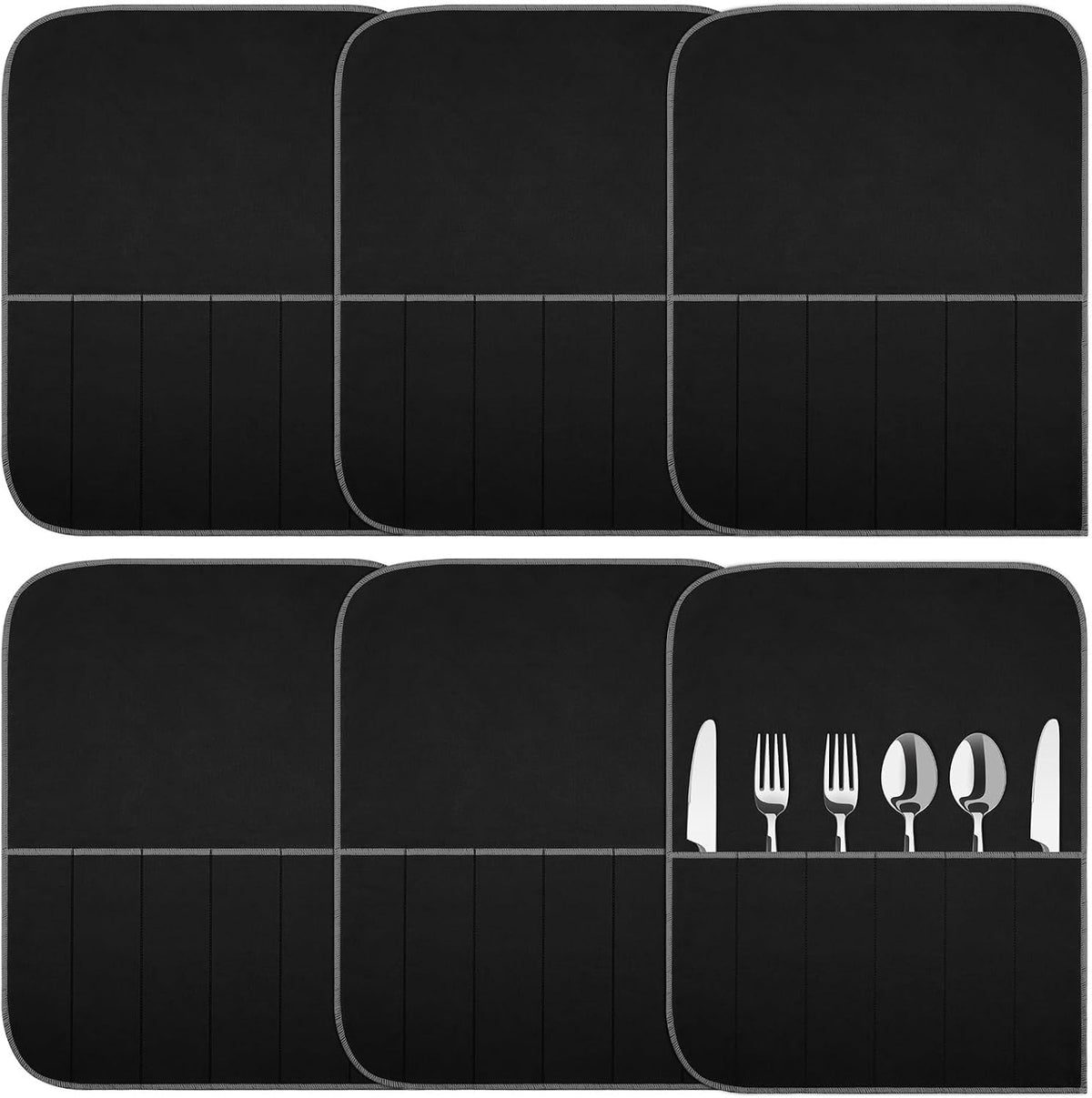 6 Pcs Anti Tarnish Silver Storage Bags Silver Storage Cloth Felt Flatware Organizer Anti Tarnish Protector Bags Place Setting Roll with White Ribbon for Kitchen Cutlery (12 Slots,Black)