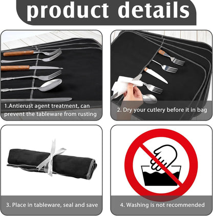 6 Pcs Anti Tarnish Silver Storage Bags Silver Storage Cloth Felt Flatware Organizer Anti Tarnish Protector Bags Place Setting Roll with White Ribbon for Kitchen Cutlery (12 Slots,Black)