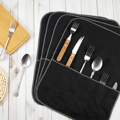 6 Pcs Anti Tarnish Silver Storage Bags Silver Storage Cloth Felt Flatware Organizer Anti Tarnish Protector Bags Place Setting Roll with White Ribbon for Kitchen Cutlery (12 Slots,Black)
