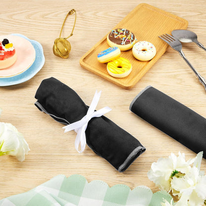 6 Pcs Anti Tarnish Silver Storage Bags Silver Storage Cloth Felt Flatware Organizer Anti Tarnish Protector Bags Place Setting Roll with White Ribbon for Kitchen Cutlery (12 Slots,Black)