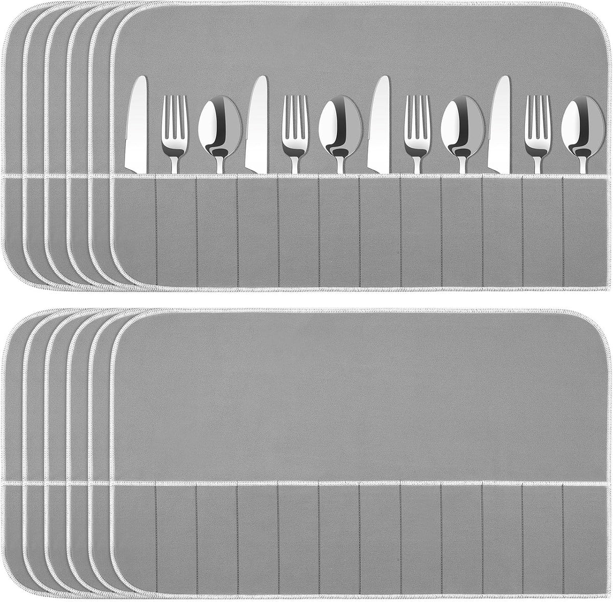 6 Pcs Anti Tarnish Silver Storage Bags Silver Storage Cloth Felt Flatware Organizer Anti Tarnish Protector Bags Place Setting Roll with White Ribbon for Kitchen Cutlery (12 Slots,Black)