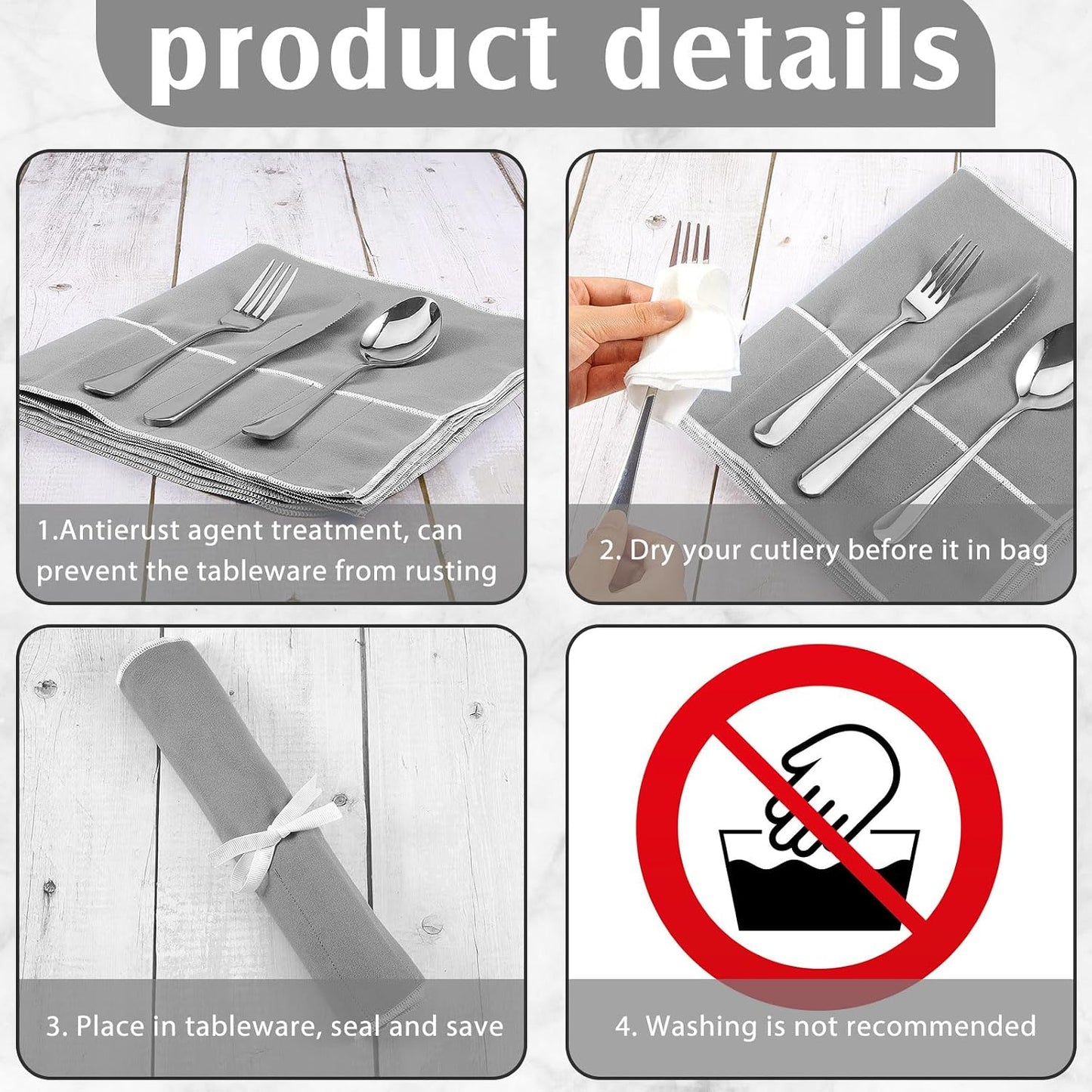 6 Pcs Anti Tarnish Silver Storage Bags Silver Storage Cloth Felt Flatware Organizer Anti Tarnish Protector Bags Place Setting Roll with White Ribbon for Kitchen Cutlery (12 Slots,Black)