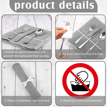 6 Pcs Anti Tarnish Silver Storage Bags Silver Storage Cloth Felt Flatware Organizer Anti Tarnish Protector Bags Place Setting Roll with White Ribbon for Kitchen Cutlery (12 Slots,Black)