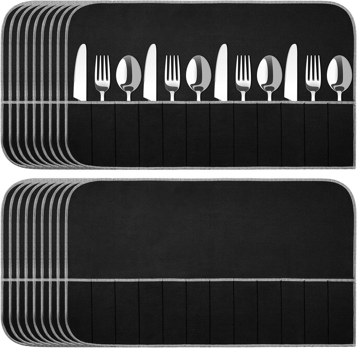 6 Pcs Anti Tarnish Silver Storage Bags Silver Storage Cloth Felt Flatware Organizer Anti Tarnish Protector Bags Place Setting Roll with White Ribbon for Kitchen Cutlery (12 Slots,Black)