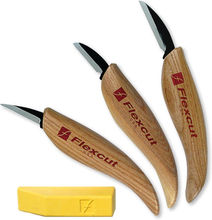Wood Carving Knives | Starter Set of 3 Woodcarving Knives | 1095 High Carbon Steel Blades | Ergonomic Ash Wood Handles for Beginners and Hobbyists | KN500 | Made in the U.S.A