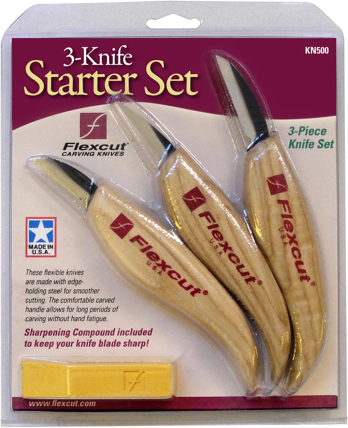 Wood Carving Knives | Starter Set of 3 Woodcarving Knives | 1095 High Carbon Steel Blades | Ergonomic Ash Wood Handles for Beginners and Hobbyists | KN500 | Made in the U.S.A
