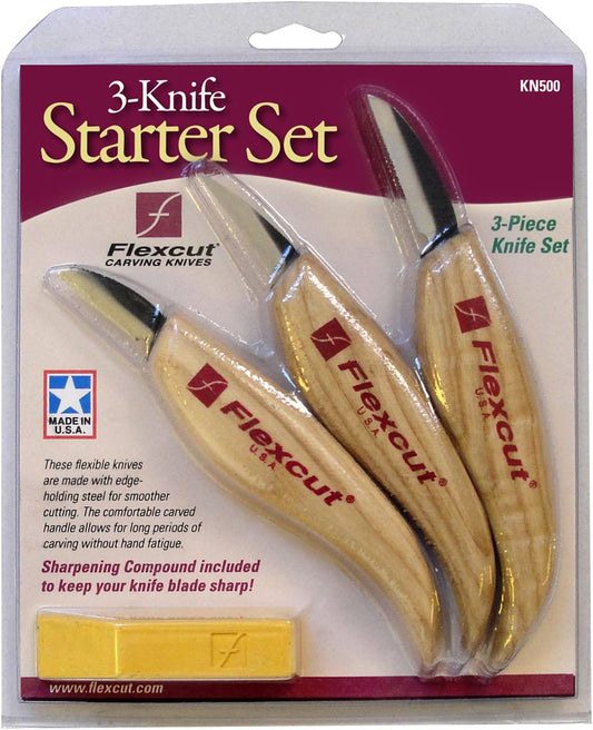 Wood Carving Knives | Starter Set of 3 Woodcarving Knives | 1095 High Carbon Steel Blades | Ergonomic Ash Wood Handles for Beginners and Hobbyists | KN500 | Made in the U.S.A