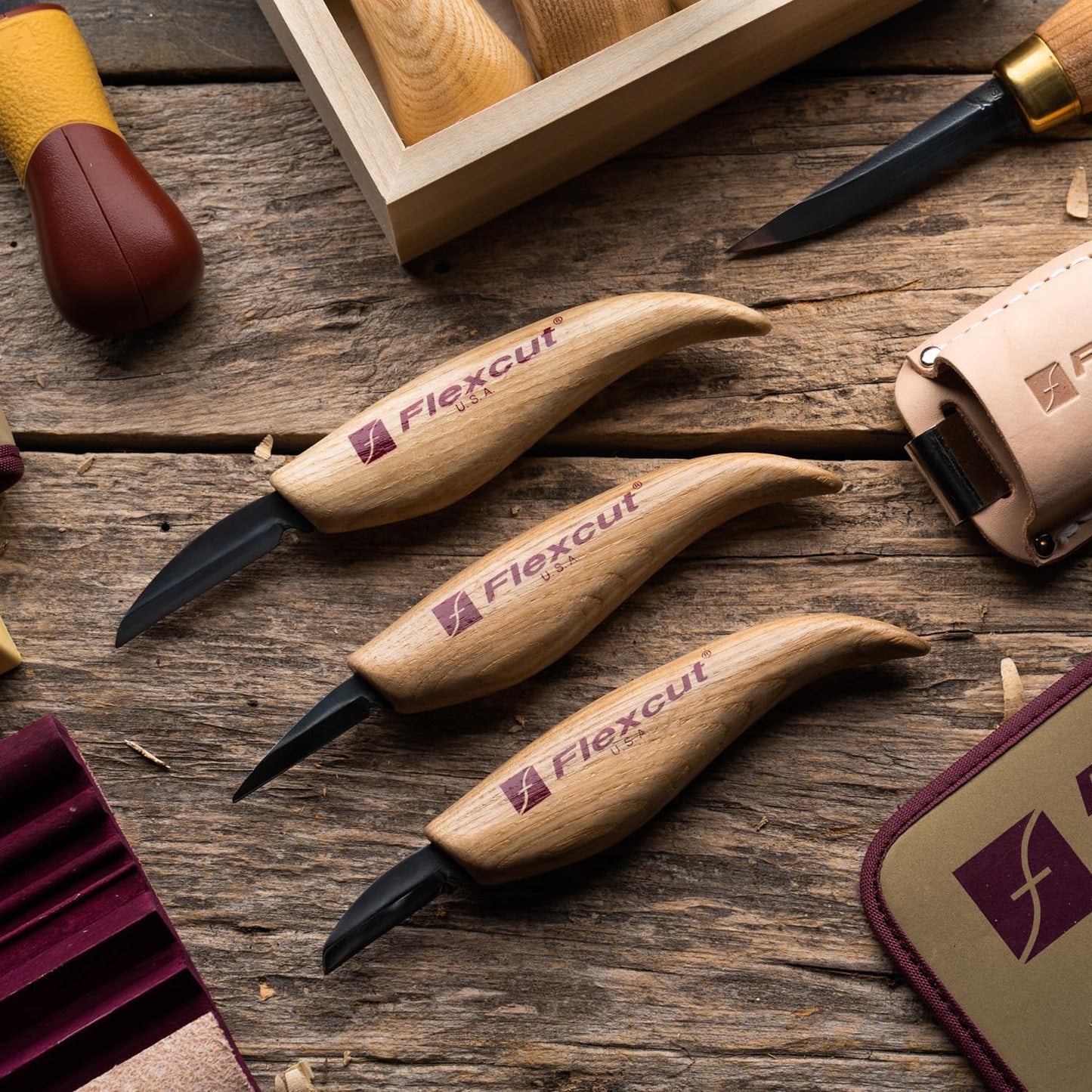 Wood Carving Knives | Starter Set of 3 Woodcarving Knives | 1095 High Carbon Steel Blades | Ergonomic Ash Wood Handles for Beginners and Hobbyists | KN500 | Made in the U.S.A
