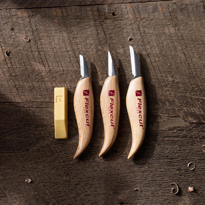 Wood Carving Knives | Starter Set of 3 Woodcarving Knives | 1095 High Carbon Steel Blades | Ergonomic Ash Wood Handles for Beginners and Hobbyists | KN500 | Made in the U.S.A