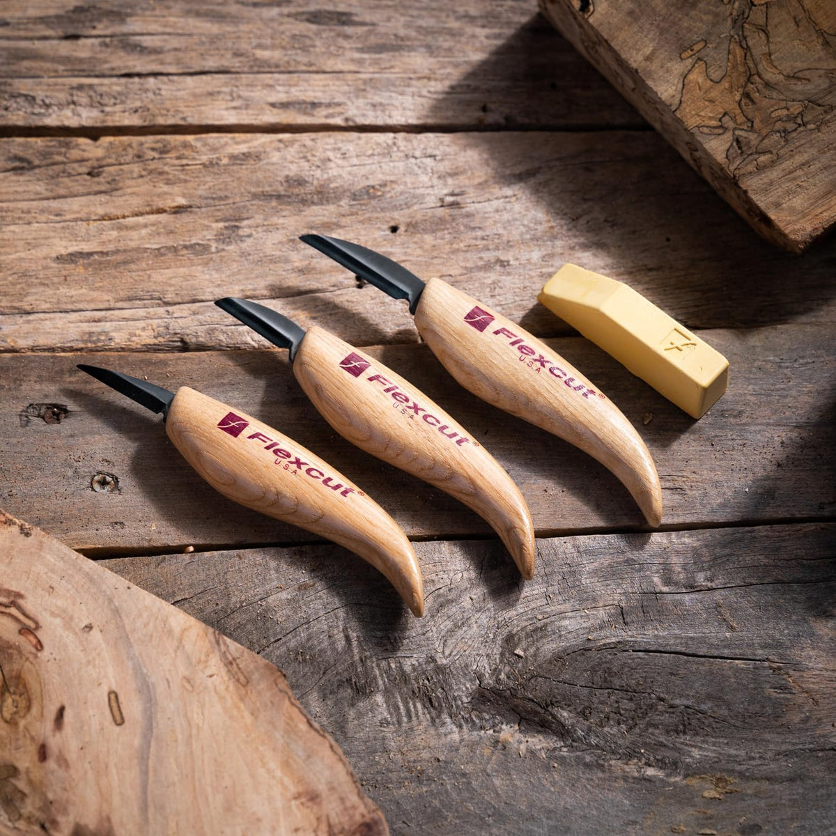 Wood Carving Knives | Starter Set of 3 Woodcarving Knives | 1095 High Carbon Steel Blades | Ergonomic Ash Wood Handles for Beginners and Hobbyists | KN500 | Made in the U.S.A