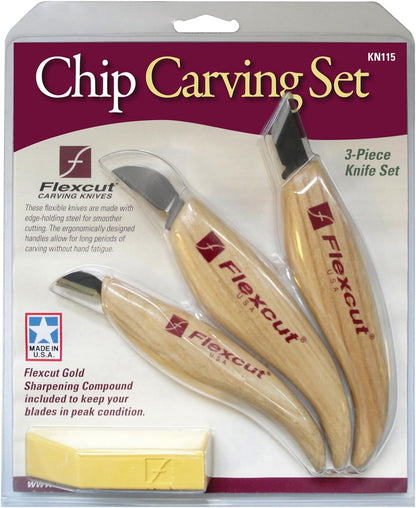 Wood Carving Knives | Starter Set of 3 Woodcarving Knives | 1095 High Carbon Steel Blades | Ergonomic Ash Wood Handles for Beginners and Hobbyists | KN500 | Made in the U.S.A