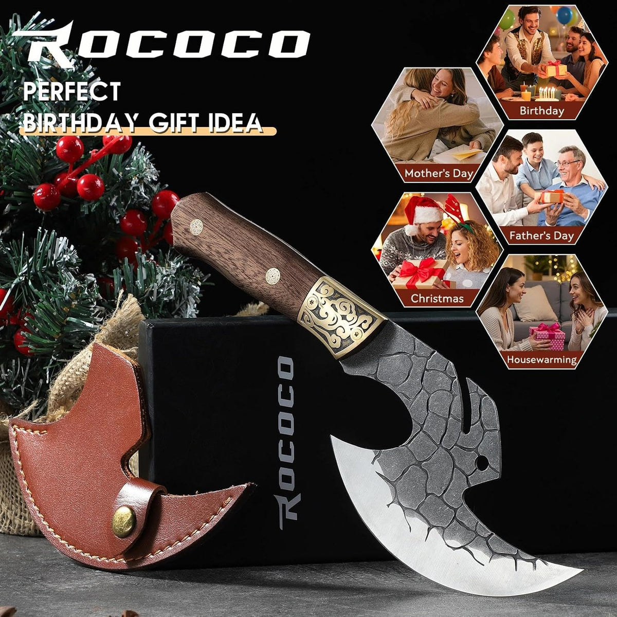 Viking Cleaver Knife Birthday - Kitchen Axe & Sheath Father Gift Men