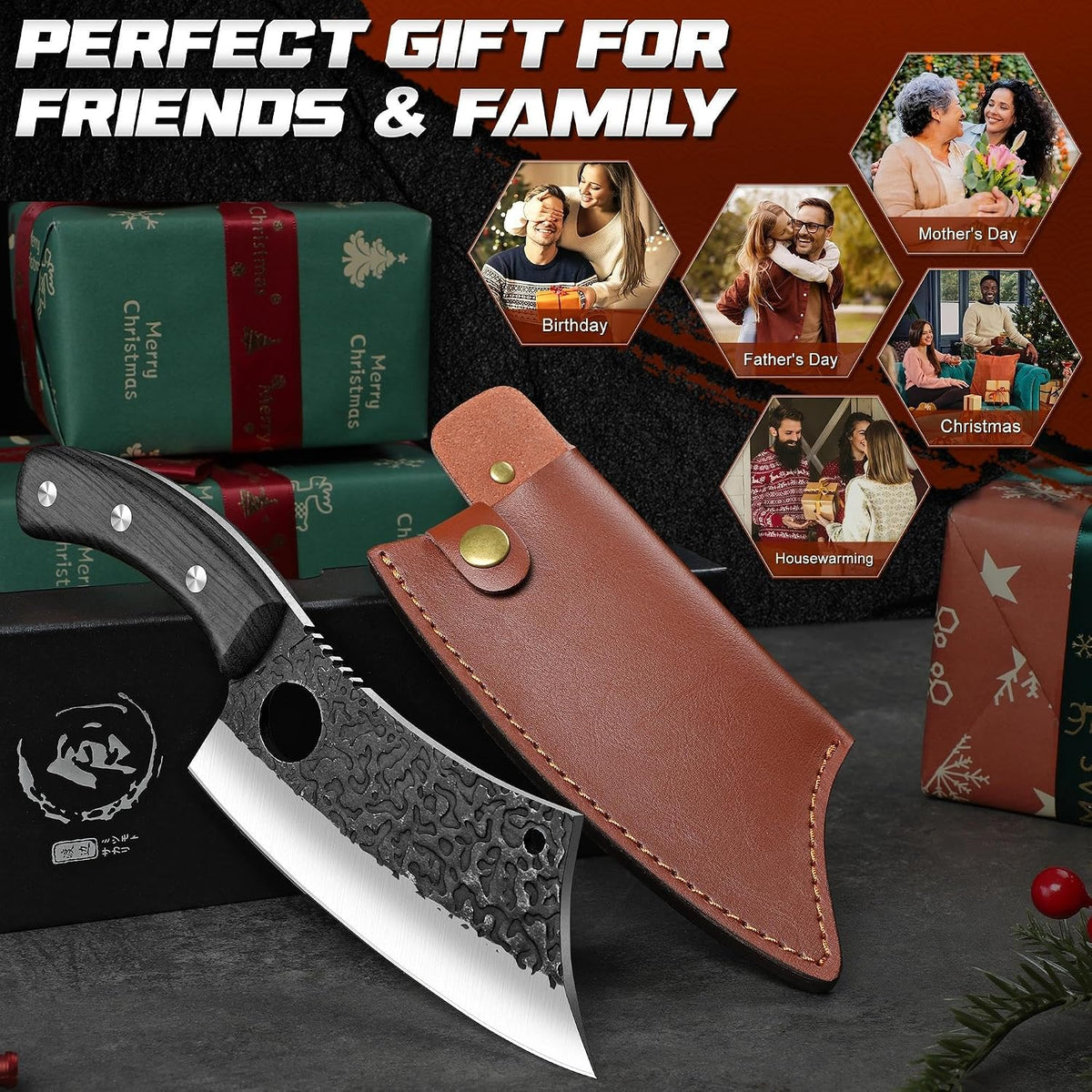 Viking Cleaver Knife Birthday - Kitchen Axe & Sheath Father Gift Men