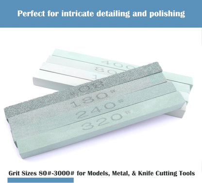 8 pcs Rectangular Shaped Sharpening Stone Sticks Set, 5.92inch Green Silicon Carbide Stones, Grit Sizes 80#-3000# for Models, Metal, & Knife Cutting Tools