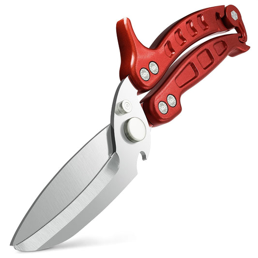 Kitchen Shears Heavy Duty, Safety Lock, Stainless Steel (Red) | Poultry Shears for Chicken, Turkey, Spatchcock, Fish; Bone Cutting Scissors, Micro-Serrated, Spring-Loaded, Separate to Clean