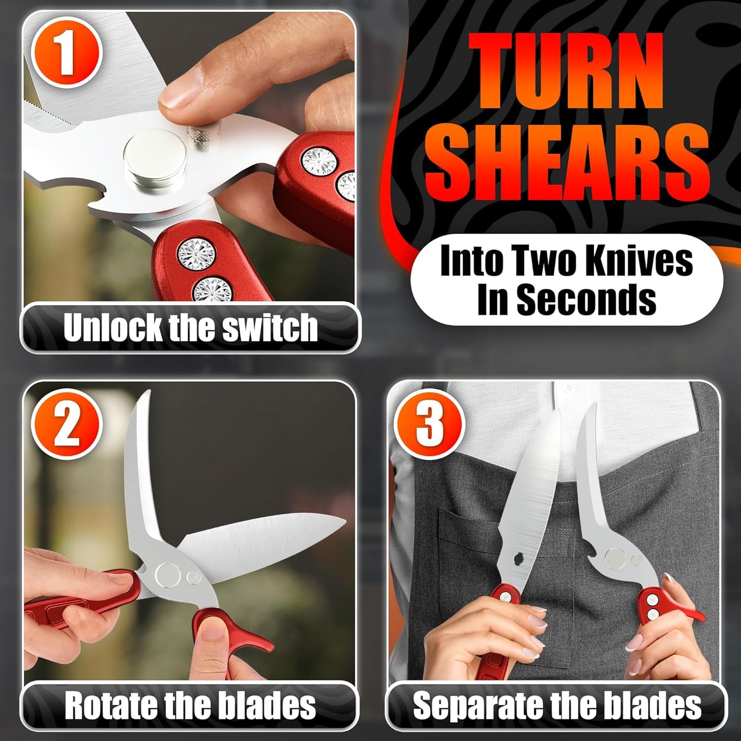 Kitchen Shears Heavy Duty, Safety Lock, Stainless Steel (Red) | Poultry Shears for Chicken, Turkey, Spatchcock, Fish; Bone Cutting Scissors, Micro-Serrated, Spring-Loaded, Separate to Clean