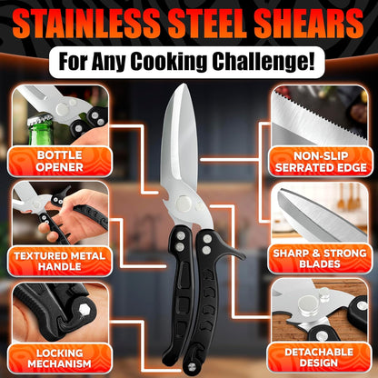 Kitchen Shears Heavy Duty, Safety Lock, Stainless Steel (Red) | Poultry Shears for Chicken, Turkey, Spatchcock, Fish; Bone Cutting Scissors, Micro-Serrated, Spring-Loaded, Separate to Clean