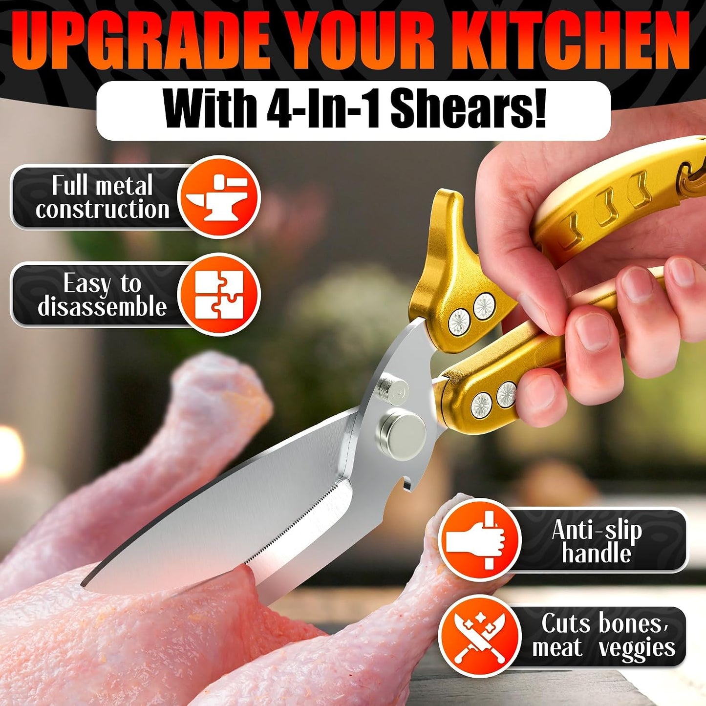 Kitchen Shears Heavy Duty, Safety Lock, Stainless Steel (Red) | Poultry Shears for Chicken, Turkey, Spatchcock, Fish; Bone Cutting Scissors, Micro-Serrated, Spring-Loaded, Separate to Clean