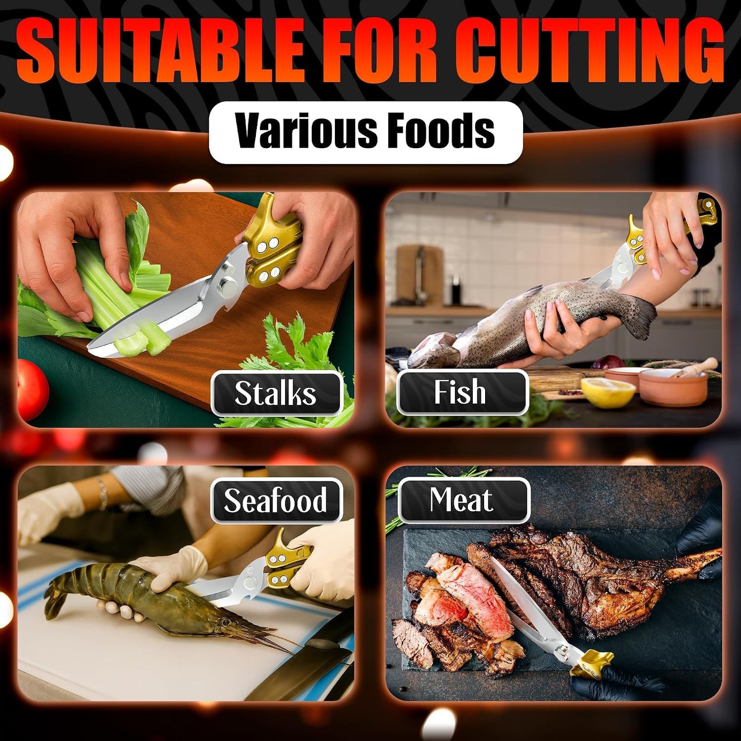 Kitchen Shears Heavy Duty, Safety Lock, Stainless Steel (Red) | Poultry Shears for Chicken, Turkey, Spatchcock, Fish; Bone Cutting Scissors, Micro-Serrated, Spring-Loaded, Separate to Clean