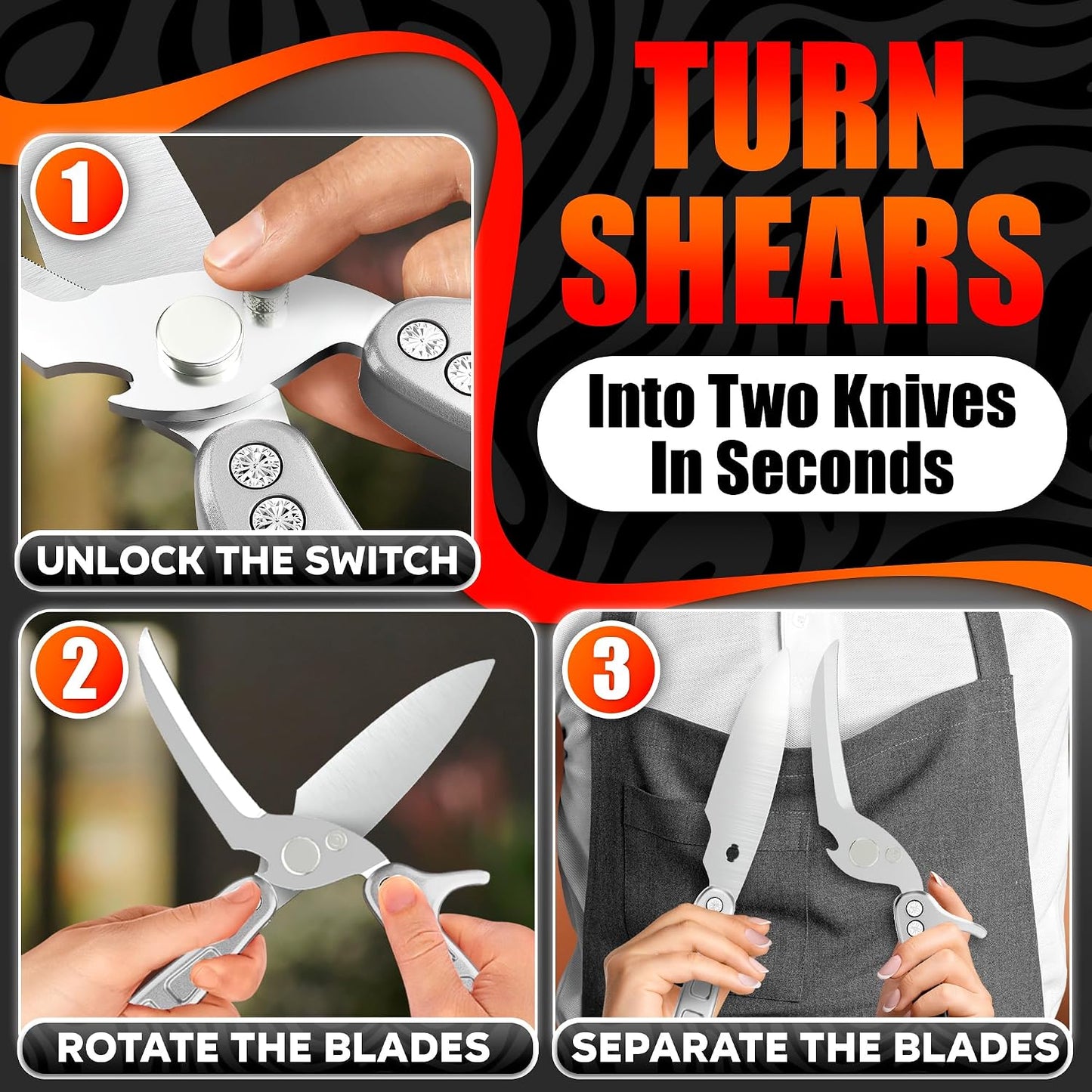 Kitchen Shears Heavy Duty, Safety Lock, Stainless Steel (Red) | Poultry Shears for Chicken, Turkey, Spatchcock, Fish; Bone Cutting Scissors, Micro-Serrated, Spring-Loaded, Separate to Clean