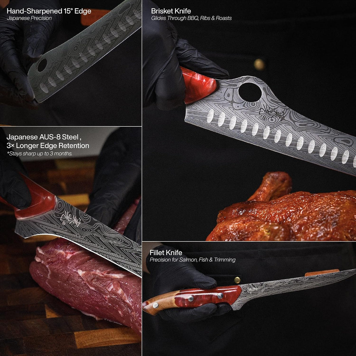 ® SteelFang Edition – Japanese Brisket & Fillet Knife Set with Olive Wood & Red Epoxy Resin Handles | Premium Butcher & Carving Knives for Meat, BBQ & Fish – Ultra Sharp Stainless Steel Blades
