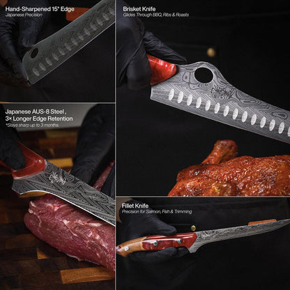 ® SteelFang Edition – Japanese Brisket & Fillet Knife Set with Olive Wood & Red Epoxy Resin Handles | Premium Butcher & Carving Knives for Meat, BBQ & Fish – Ultra Sharp Stainless Steel Blades