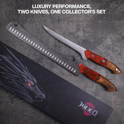 ® SteelFang Edition – Japanese Brisket & Fillet Knife Set with Olive Wood & Red Epoxy Resin Handles | Premium Butcher & Carving Knives for Meat, BBQ & Fish – Ultra Sharp Stainless Steel Blades