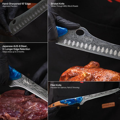 ® SteelFang Edition – Japanese Brisket & Fillet Knife Set with Olive Wood & Red Epoxy Resin Handles | Premium Butcher & Carving Knives for Meat, BBQ & Fish – Ultra Sharp Stainless Steel Blades