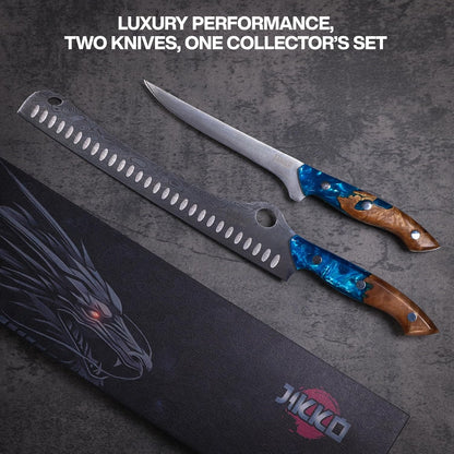 ® SteelFang Edition – Japanese Brisket & Fillet Knife Set with Olive Wood & Red Epoxy Resin Handles | Premium Butcher & Carving Knives for Meat, BBQ & Fish – Ultra Sharp Stainless Steel Blades