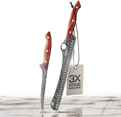 ® SteelFang Edition – Japanese Brisket & Fillet Knife Set with Olive Wood & Red Epoxy Resin Handles | Premium Butcher & Carving Knives for Meat, BBQ & Fish – Ultra Sharp Stainless Steel Blades