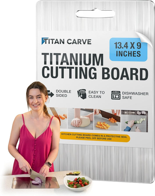 Titan Carve Titanium Cutting Board Double-Sided Metal Chopping Board | Dishwasher Safe & Easy to Clean, Lightweight Kitchen Prep Surface for Meat, Vegetables & Fruit, 13.4 x 9 in, Non Porous