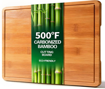 Zarler Bamboo Cutting Boards for Kitchen, Wood Cutting Board with Juice Grooves and Handles, Wooden Chopping Board Set for Meal Prep, 500℉ Carbonized Bamboo, XL Size, Ideal Kitchen Gift
