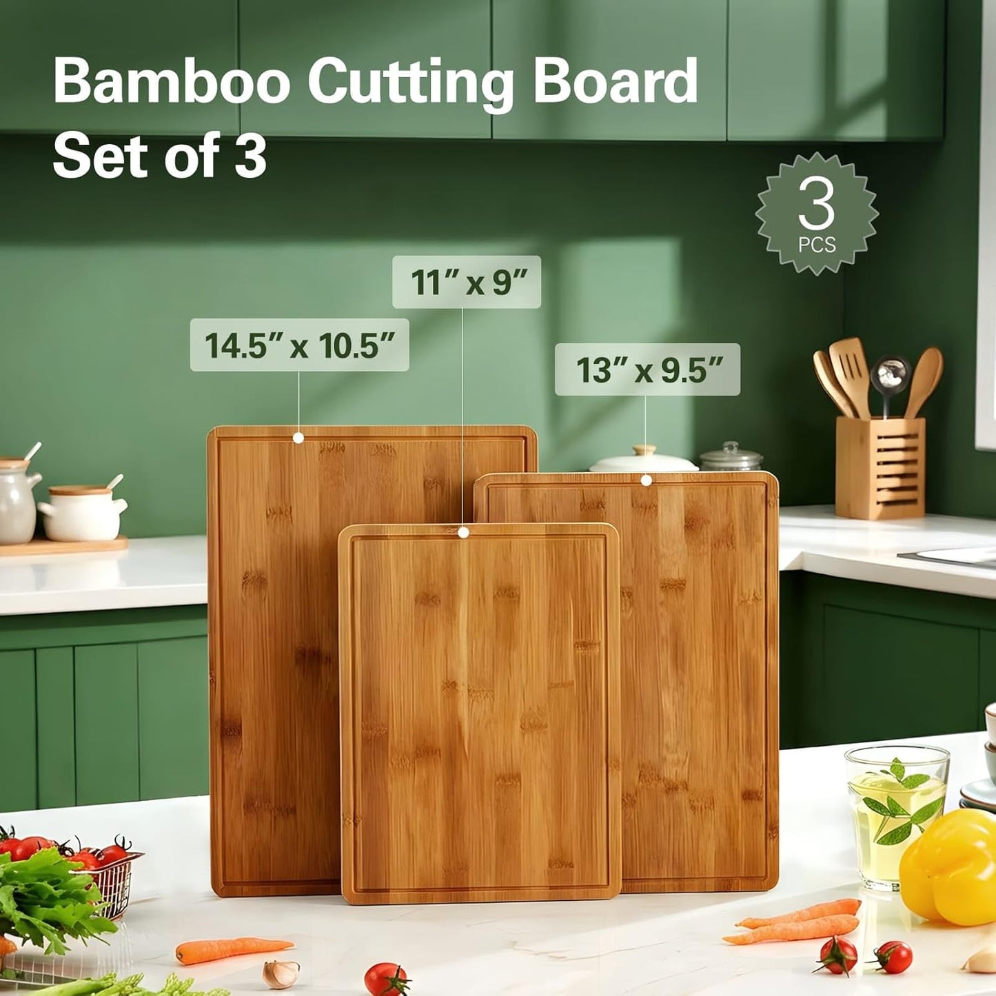 Zarler Bamboo Cutting Boards for Kitchen, Wood Cutting Board with Juice Grooves and Handles, Wooden Chopping Board Set for Meal Prep, 500℉ Carbonized Bamboo, XL Size, Ideal Kitchen Gift