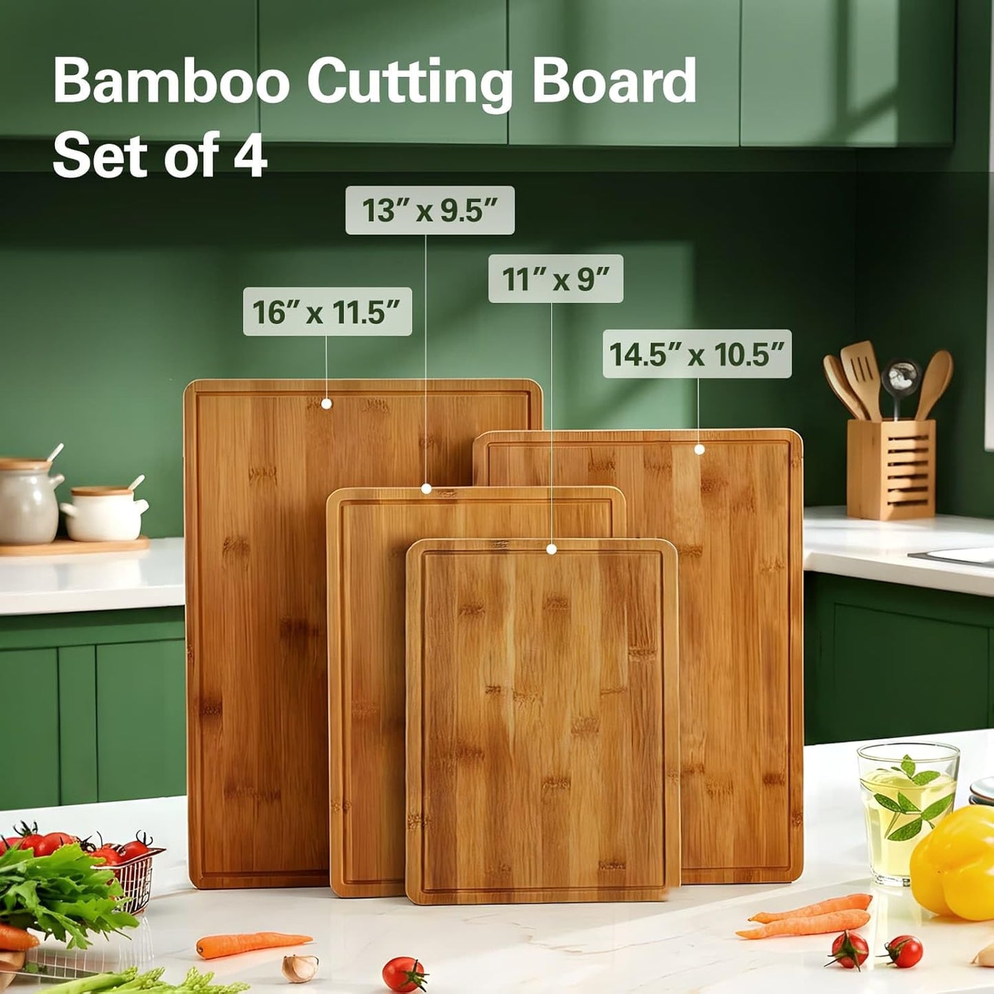 Zarler Bamboo Cutting Boards for Kitchen, Wood Cutting Board with Juice Grooves and Handles, Wooden Chopping Board Set for Meal Prep, 500℉ Carbonized Bamboo, XL Size, Ideal Kitchen Gift