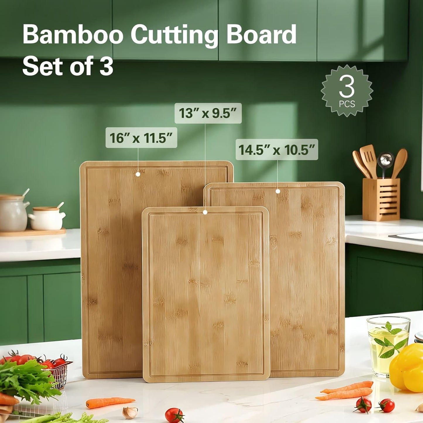 Zarler Bamboo Cutting Boards for Kitchen, Wood Cutting Board with Juice Grooves and Handles, Wooden Chopping Board Set for Meal Prep, 500℉ Carbonized Bamboo, XL Size, Ideal Kitchen Gift