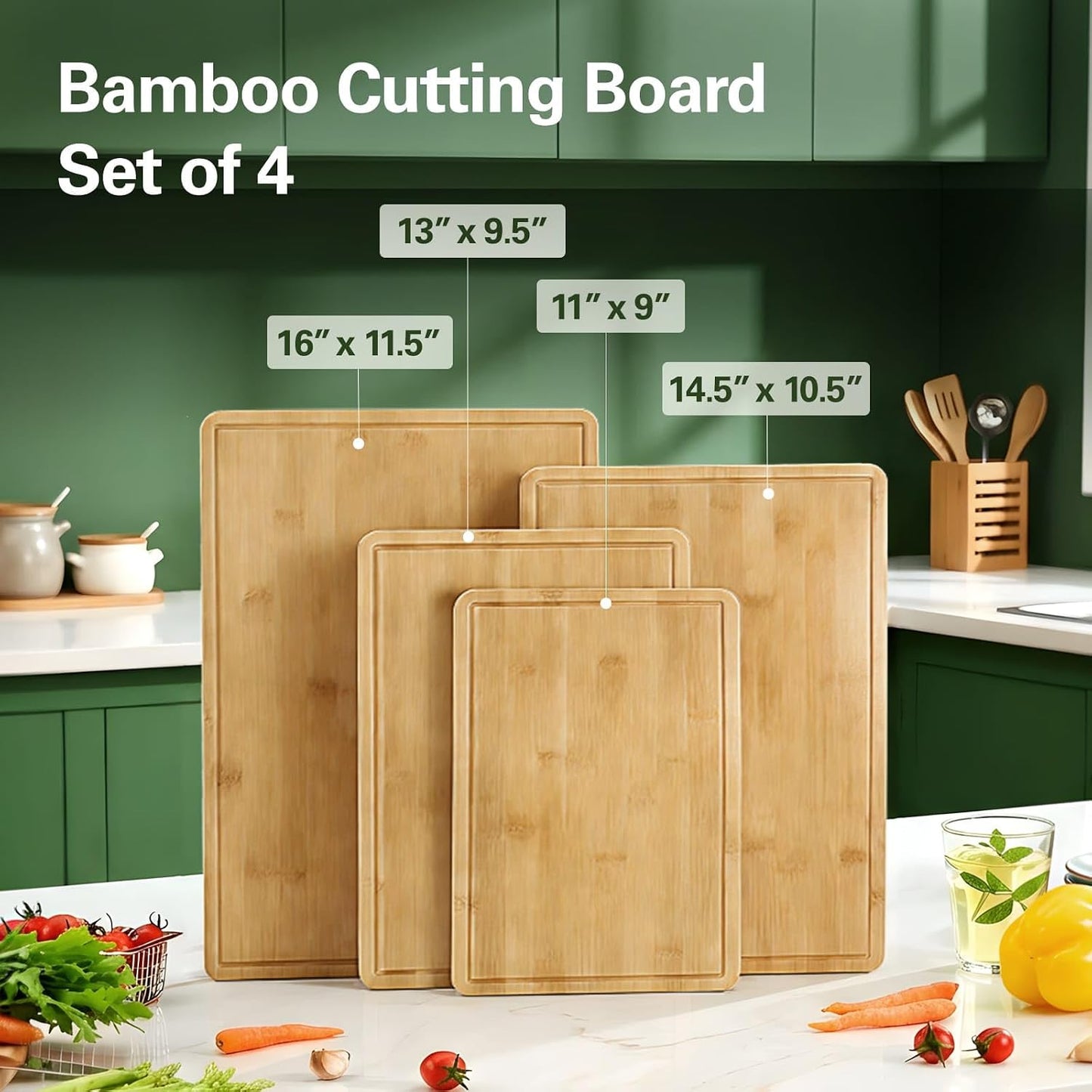 Zarler Bamboo Cutting Boards for Kitchen, Wood Cutting Board with Juice Grooves and Handles, Wooden Chopping Board Set for Meal Prep, 500℉ Carbonized Bamboo, XL Size, Ideal Kitchen Gift