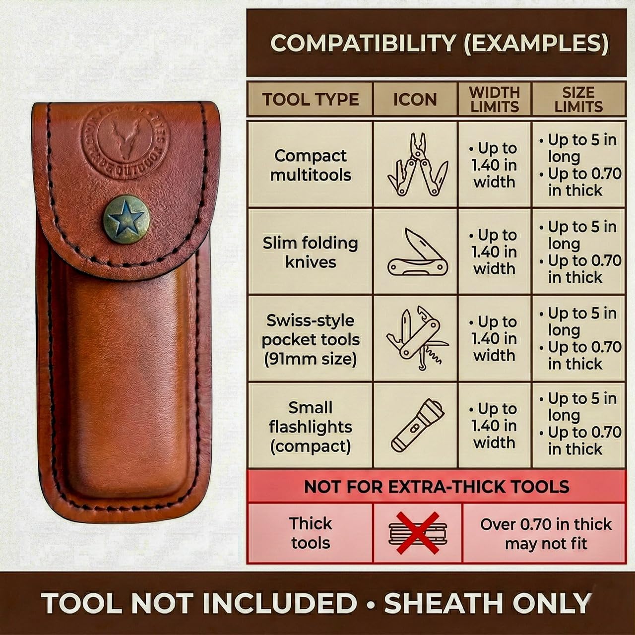 Handmade Italian Leather Knife Sheath for Belt Compatible with Leatherman Skeletool Wingman Sidekick Multitool Pouch Case Folding Knife Holder EDC Tan Cognac SM155