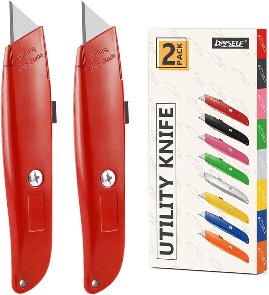 2 Pack Utility Knife Box Cutter Retractable PVC Pipe Cutter | Heavy-Duty Box Cutters, Razor Blade Cardboard Knife for Cartons, Carpet, Paper, Box Knife for Home, Office and Warehouse Use