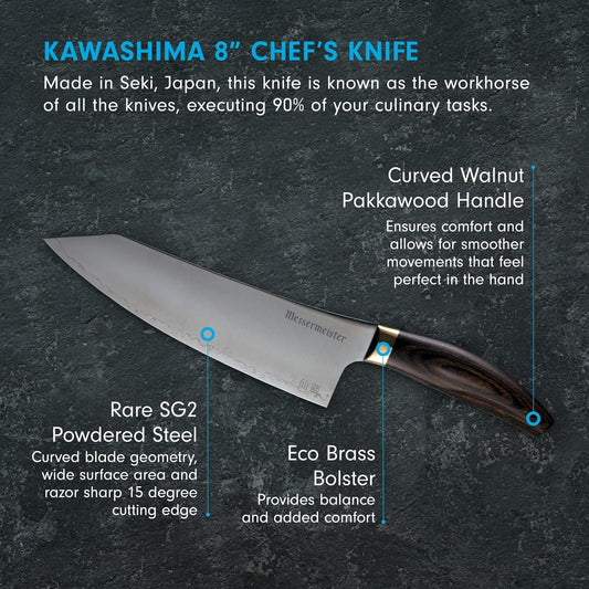 Kawashima 8” Chef’s Knife - SG2 Powdered Steel, Eco-Brass Bolster & Walnut Pakkawood Handle - Made in Seki, Japan