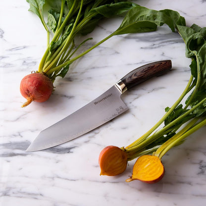Kawashima 8” Chef’s Knife - SG2 Powdered Steel, Eco-Brass Bolster & Walnut Pakkawood Handle - Made in Seki, Japan