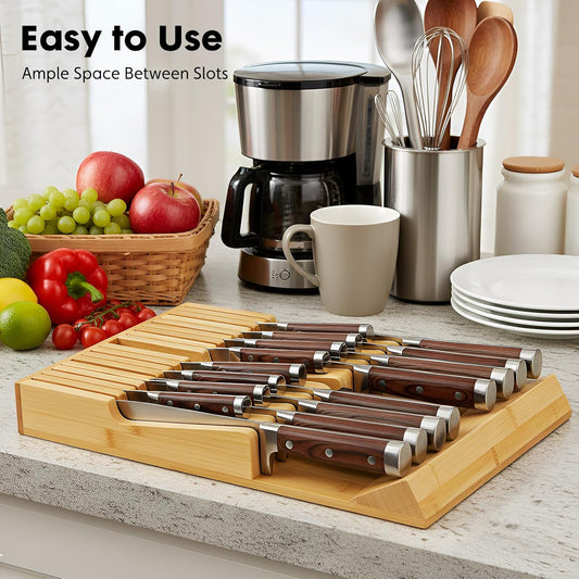 Bamboo Kitchen Drawer Knife Holder, In-drawer Knife Block, Knife Drawer Organizer fit for 16 knives and 1 steel sharpening
