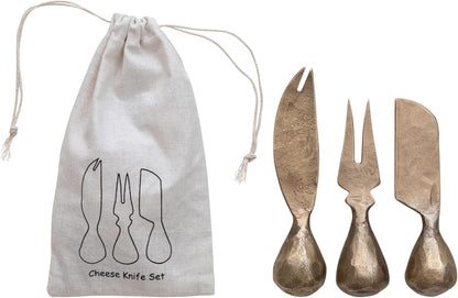 3-Piece Hand-Forged Metal Cheese Knives Set, Gold