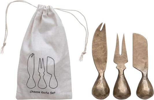 3-Piece Hand-Forged Metal Cheese Knives Set, Gold